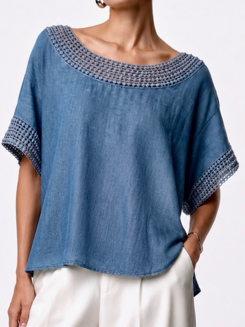 HARPER Denim Blue Crochet Trim Tunic Top Blouse